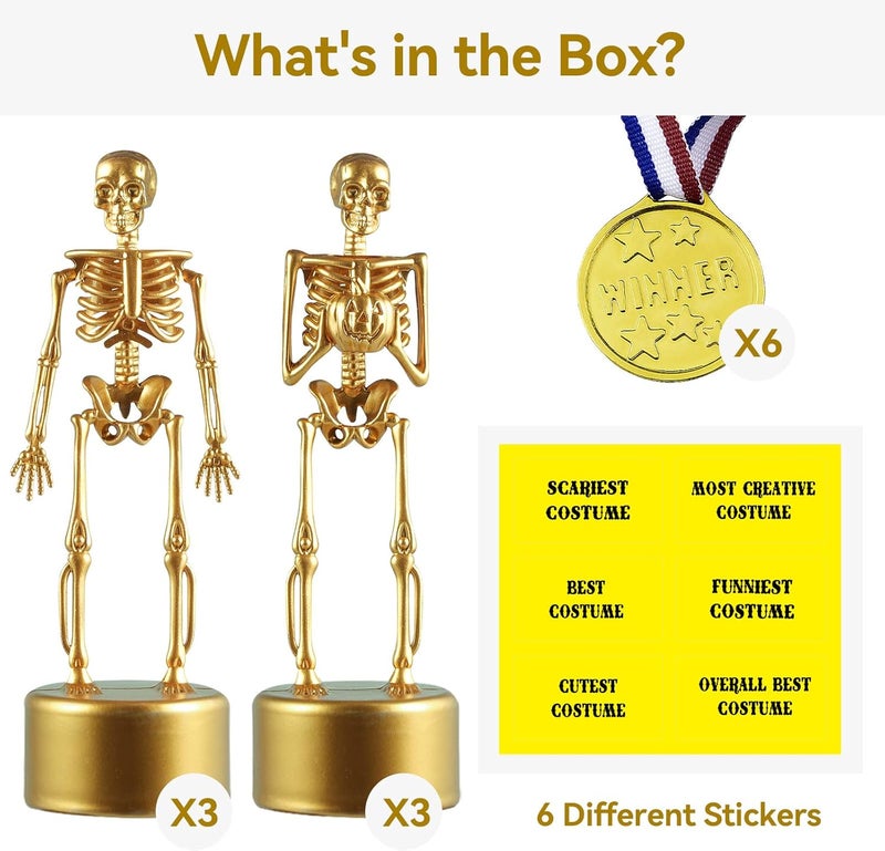 ASONA 12 Pcs Halloween Trophy Awards, 6 Skeleton Trophies 6 Award Medals 1 Marker Pen, Costume Contest Trophies for Kids Adults, Halloween Party Supplies, Table Decorations Classroom Rewards Treats for Kids - Image 2